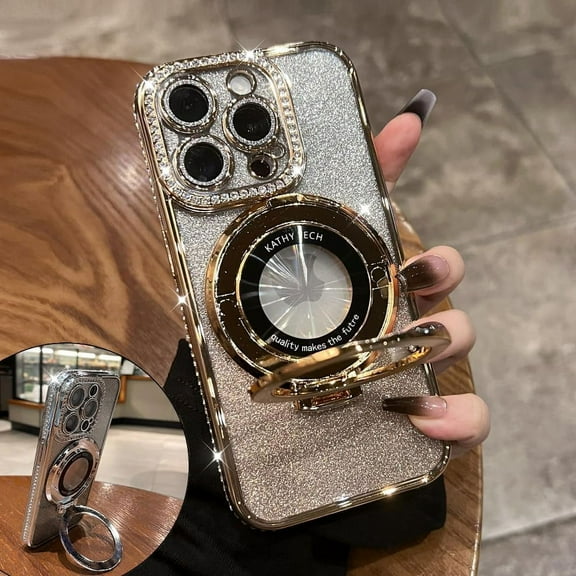 Magnetic Kickstand (Glitter Lens Protector ) Case for IPhone 15 Pro Max (Compatible with Magsafe ) ( Bling Diamond ) Cover Sparkly Shiny Rhinestone Glitter Cases (Gold,for iPhone 15 Pro Max)