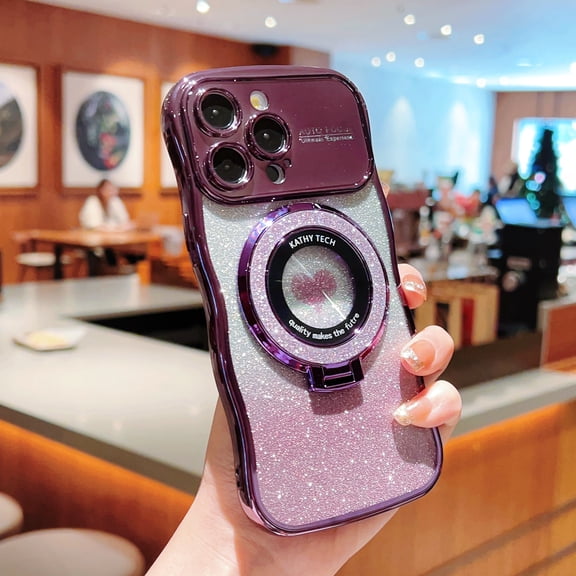 Magnetic Kickstand Glitter Plating Case for iPhone 14 Pro,[Compatible with Magsafe] Luxury Bling Sparkly with Camera Lens Protection Wave Design Large Vision Window Soft TPU Case,Darkpurple