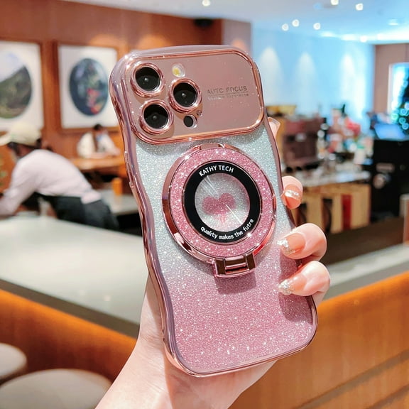 Magnetic Kickstand Glitter Plating Case for iPhone 15 Pro Max,[Compatible with Magsafe] Luxury Bling Sparkly with Camera Lens Protection Wave Design Large Vision Window Soft TPU Case,Rosegold