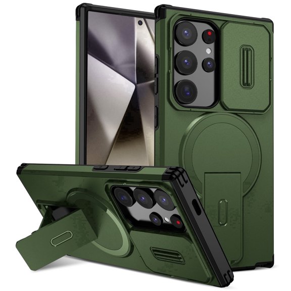 Magnetic Kickstand Phone Case compatible with Samsung Galaxy S24 Ultra, Slide Camera Cover, TPU Plastic Metal Hard Shell, Green