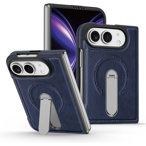 Magnetic Kickstand for iPhone Duo Case,Horizontal & Vertical Meatl Stand, Compatible with MagSafe, Luxury Leather Ergonomic Grip Slim Fit Anti-Slip Shockproof Cover,Blue