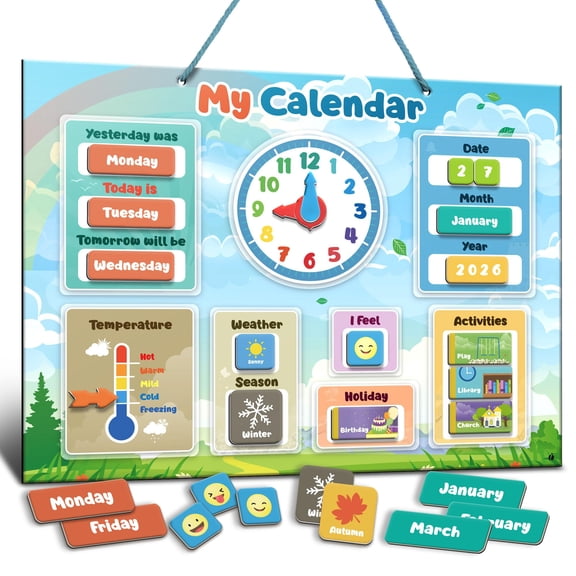 Magnetic Kids Calendar for Learning - Days of the Week Chart with Weather and Emotions