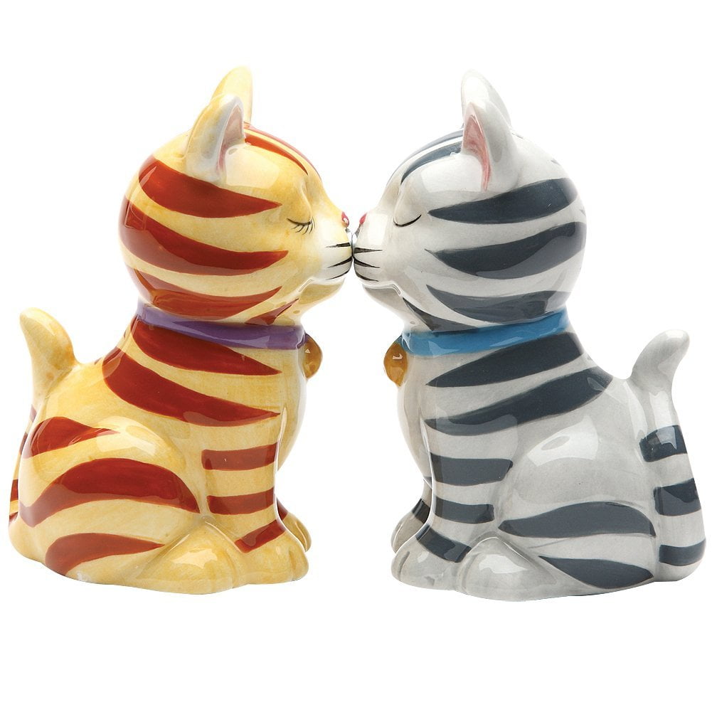 Striped Kissing Tabby Cats Ceramic Salt and Pepper Shaker Set