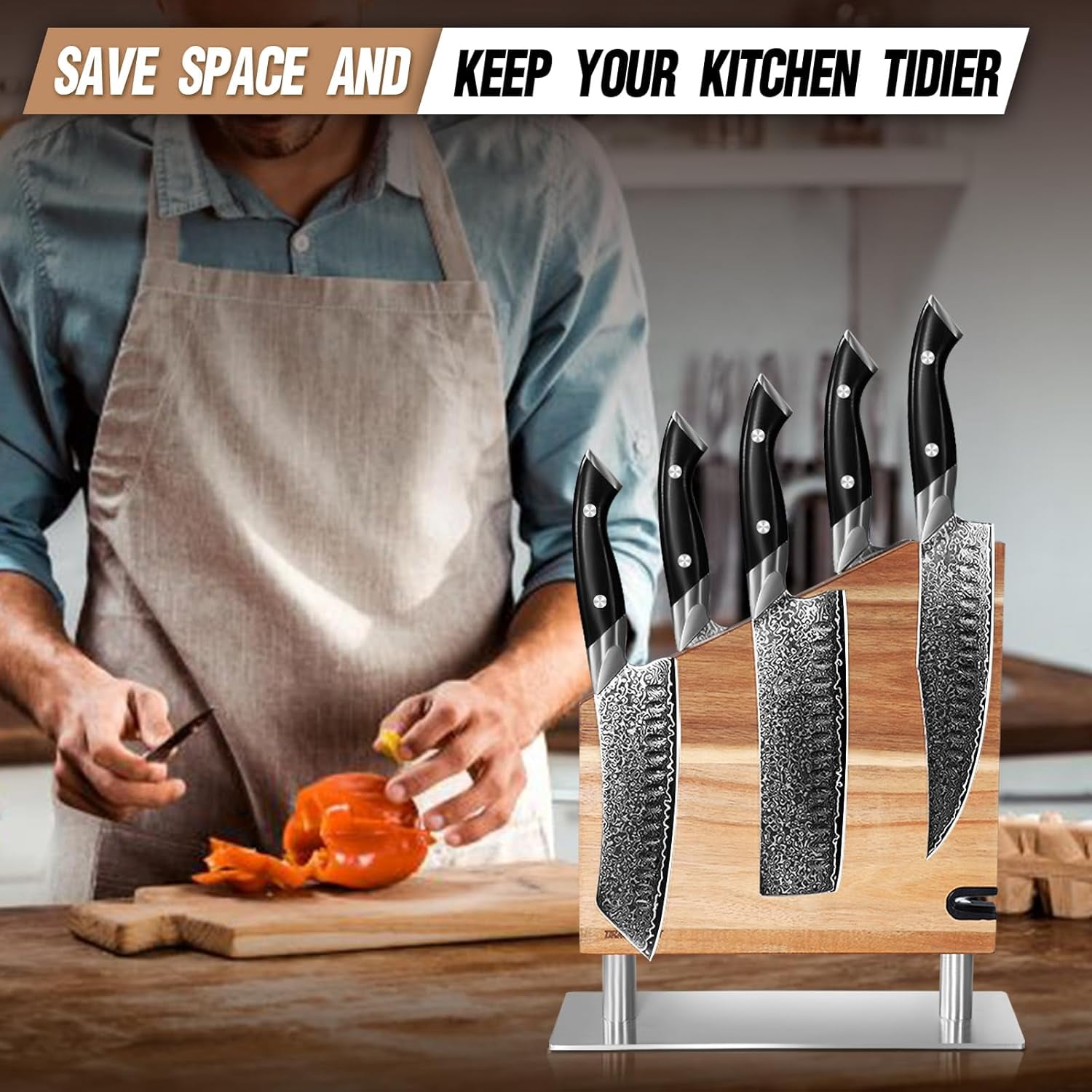 Magnetic Knife Block Acacia Wood Double Sided Holder with Sharpener for ...