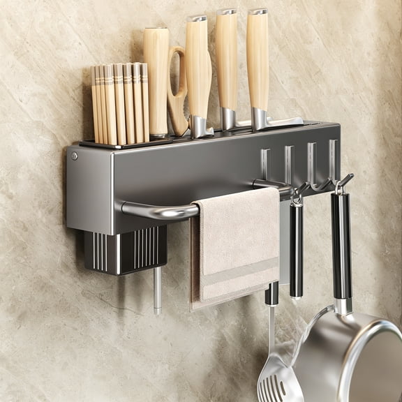 Magnetic Knife Holder, Magnetic Knife Bar, Wall Mounted Knife Rack, Multifunctional Kitchen Organizer, No-Drill Installation, Iron and ABS, Removable Chopstick Cage, Hooks for Utensils, 1 Piece