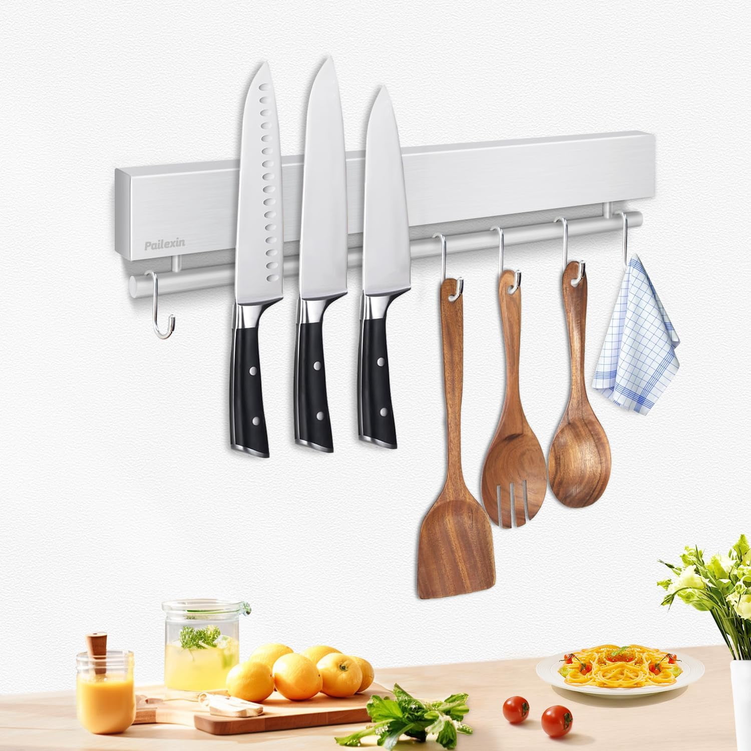 Magnetic Knife Holder with 10 Hooks, No Drilling Wall Mount, Powerful ...