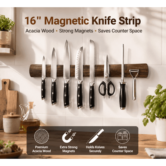 PLERISE Magnetic Knife Strip 16 Inch, Acacia Wood Knife Holder for Wall, Magnetic Bar for Kitchen Utensil Organizer