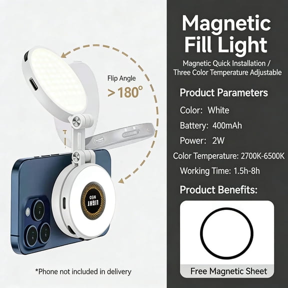 Magnetic LED Selfie Ring Light 360° Snap Selfie Screen with Light Dimmable Fill Light Sticky Phone Mount Portable Vlog Light for Makeup Video Calls Compatible with All Smartphones,A