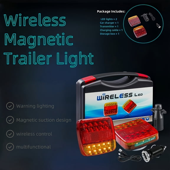 Magnetic LED Trailer Light Kit, Multi-Function Tail Side Lights with License Plate Lamp, Smart Light Recognition for Truck RV Trailer, Black Red, Charger Transmitter Included