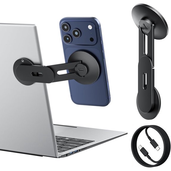 Magnetic Laptop Phone Holder Charger Compatible with MagSafe iPhone, 15W Fast Wireless Charger, 110 Foldable & 180 Adjustable Side Phone Mount for Computer/Tesla/Monitor/All Phones, Black
