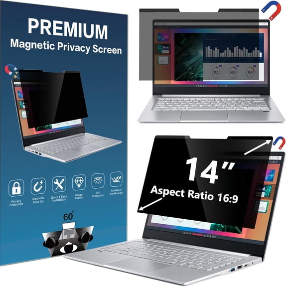 Magnetic Laptop Privacy Screen 14 inch for Widescreen 16:9 Monitor | Computer Shield Anti Glare & Blue Light Filter UV Eye Protection Spy Anti-Scratch Protector Film
