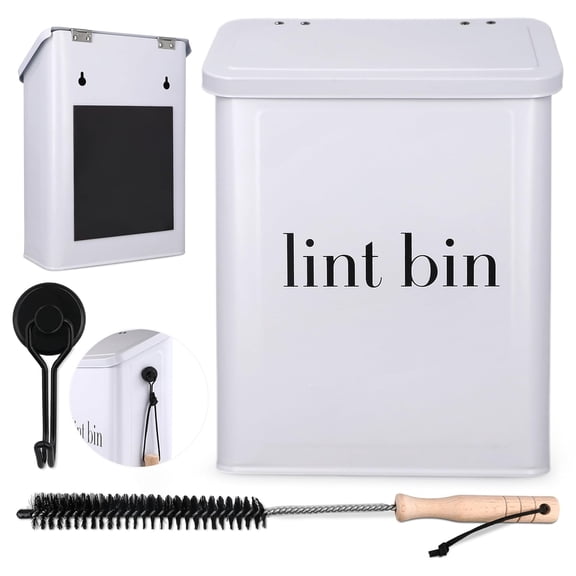 Magnetic Laundry Lint Bin for Dryer | Wall-Mounted Small Trash Can for Laundry Room | Includes Magnetic Hook & Lint Brush | Space-Saving Magnetic Laundry Trash Can | Matte White