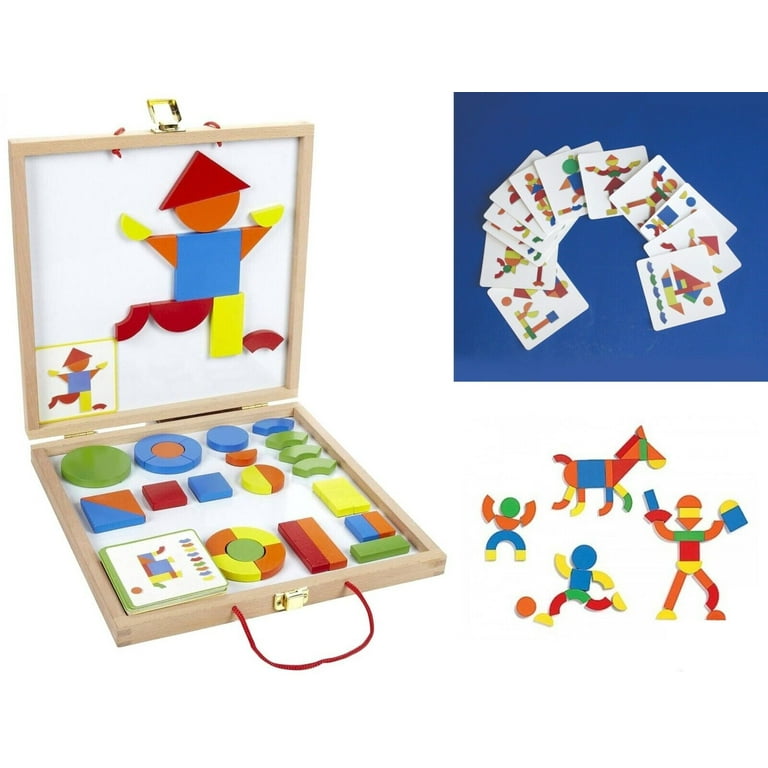 Magnetic Learning Shape Tiles Puzzle - Magnetic Shapes - Arts & Crafts  Wooden Pattern Blocks Set - STEM Magnets for Kids, Girls, Boys, Ages  3-4-5-6