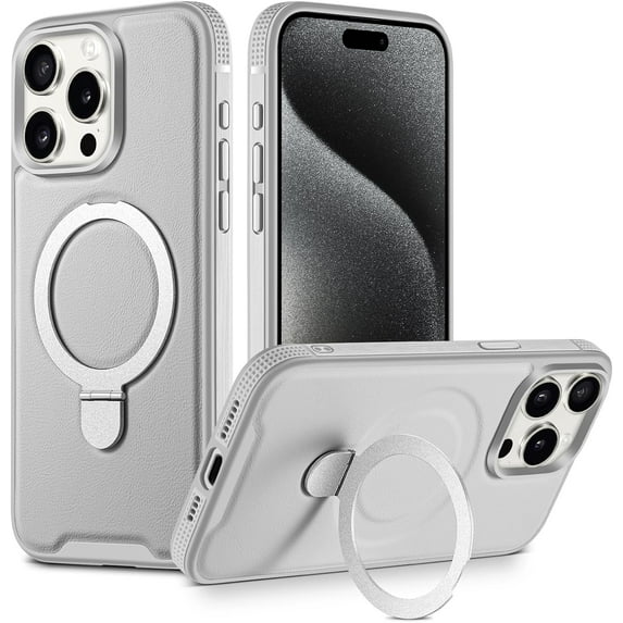 Magnetic Leather Case for iPhone 15 Pro Max Case MagSafe Shockproof Protective Case with Magnetic Kickstand Non-Slip Bumper (Grey)