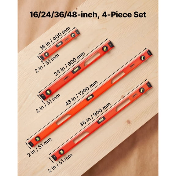Magnetic Level Set, 4-Piece Included 16/24/36/48 in, Aluminum Alloy I-Beam Bubble Leveler with Clear 3 Green Vials & Hanging Hole, Level Tool Ideal for Hanging Pictures, Home Improvement & DIY