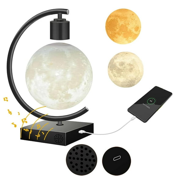 Magnetic Levitating 3D Moon Lamp, LED Night Light with 3 Adjustable Colors, Built-in Bluetooth Speaker & 18W Type-C Fast Charging, Floating Desk Decor Gift, Tech-style Christmas Present