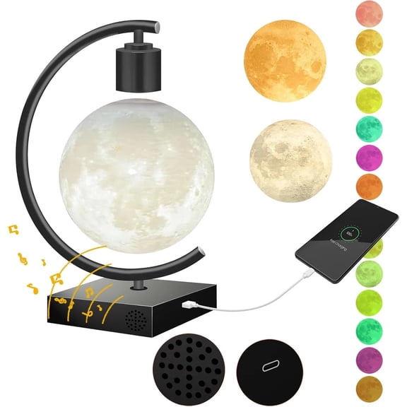 Magnetic Levitating Moon Desk Lamp with Bluetooth Speaker, 3-Color Light, Home Office Decor & Unique Gift