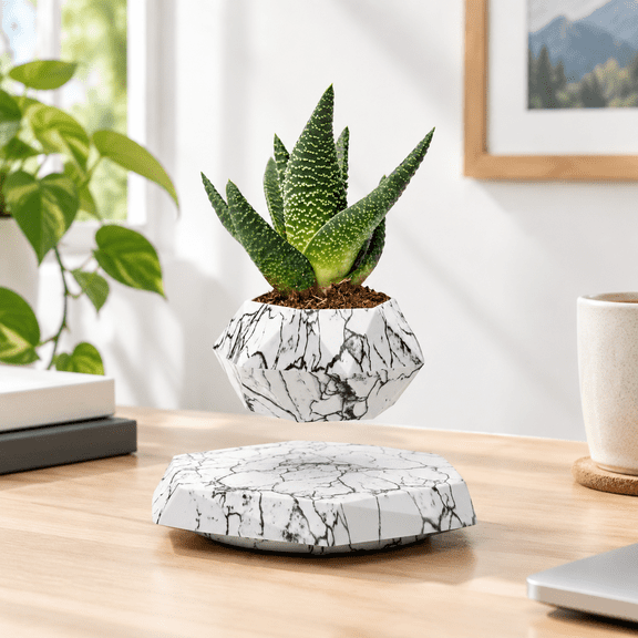 Magnetic Levitating Plant Pot, Marble Finish, Floating Bonsai Holder for Home Office Desks