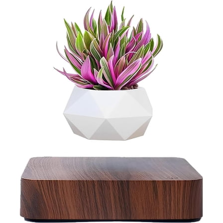 Magnetic Levitating Planter with Wooden Base, Floating Geometric Pot for Home Office Decor, Air Bonsai Plant Holder