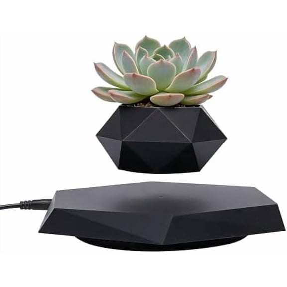 Magnetic Levitating Rotating Planter Pot - Floating Hexagon Flower Pot for Air Plants, Succulents, Bonsai | Modern Home Office Desk Decor, Soil-Free Hydroponic Planter in Black$$Garden & Patio