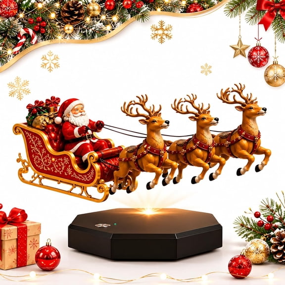 Magnetic Levitation Flying Santa Reindeer Sleigh, Floating Christmas Figurine with Lighted Base for Tabletop Fireplace Mantel Holiday Home Decor