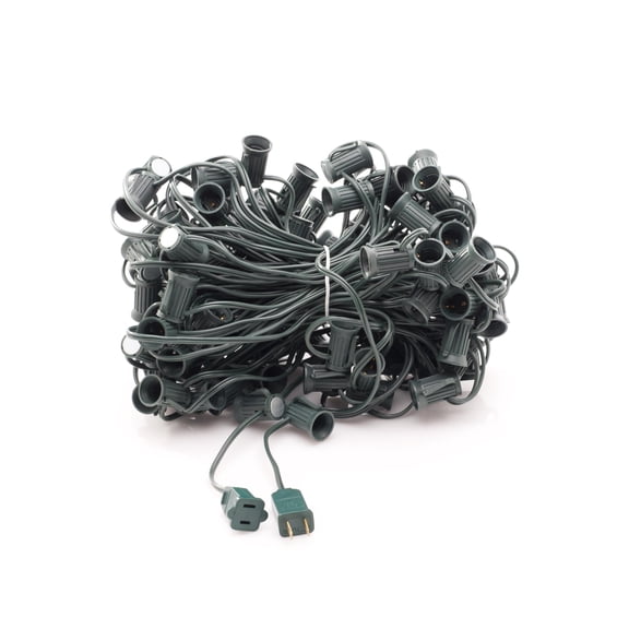 Magnetic Light Strand - 100 foot Length, 12" Spacing, C9 Socket, Green SPT1 Wire, Plug-ends, (Bulbs NOT Included)