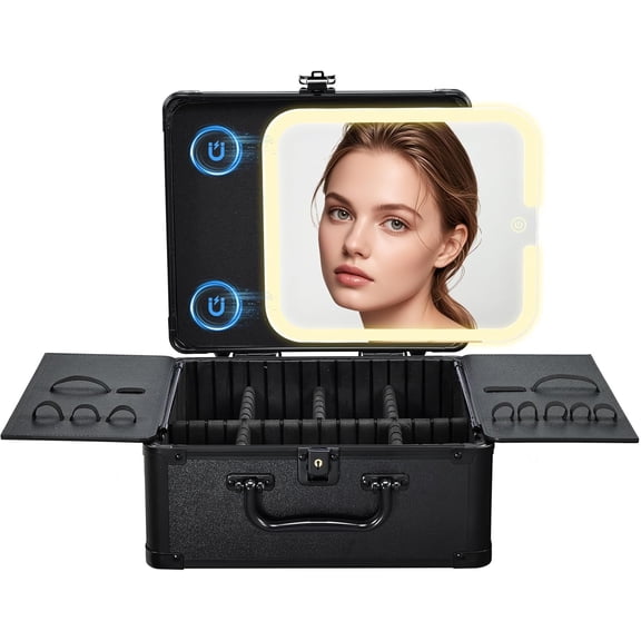 Magnetic Lighted Makeup Case with 3-Color LED Mirror, Travel Cosmetic Organizer Box, Lockable Suitcase with Dividers and Brush Holder, Portable Vanity