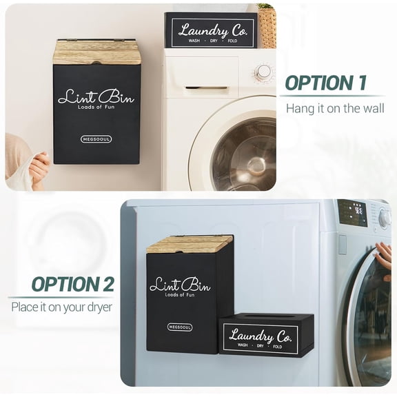 Magnetic Lint Bin and Dryer Sheet Holder Set for Laundry Room, Farmhouse Wooden Lint Trash Can with Lid and Dryer Sheet Dispenser Box Magnetic for Mounting,Stylish Laundry Room Organization