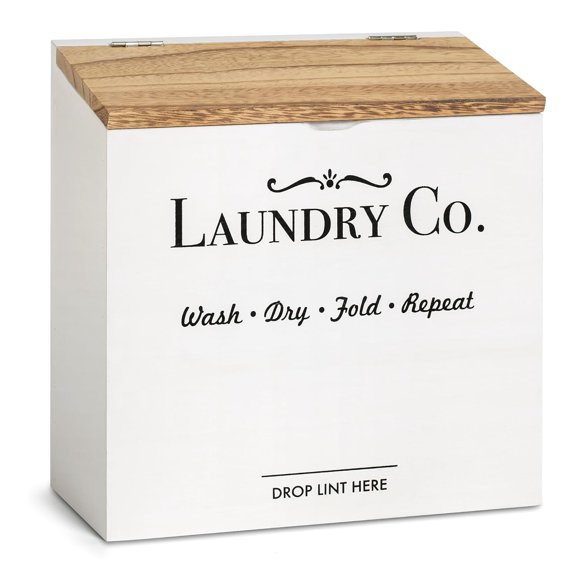 Magnetic Lint Bin for Laundry Room - Dryer Lint Bin with Lid - Wooden Lint Holder, Magnetic Lint Trash Can, Rustic Lint Box - Modern Farmhouse Laundry Room Decor, White