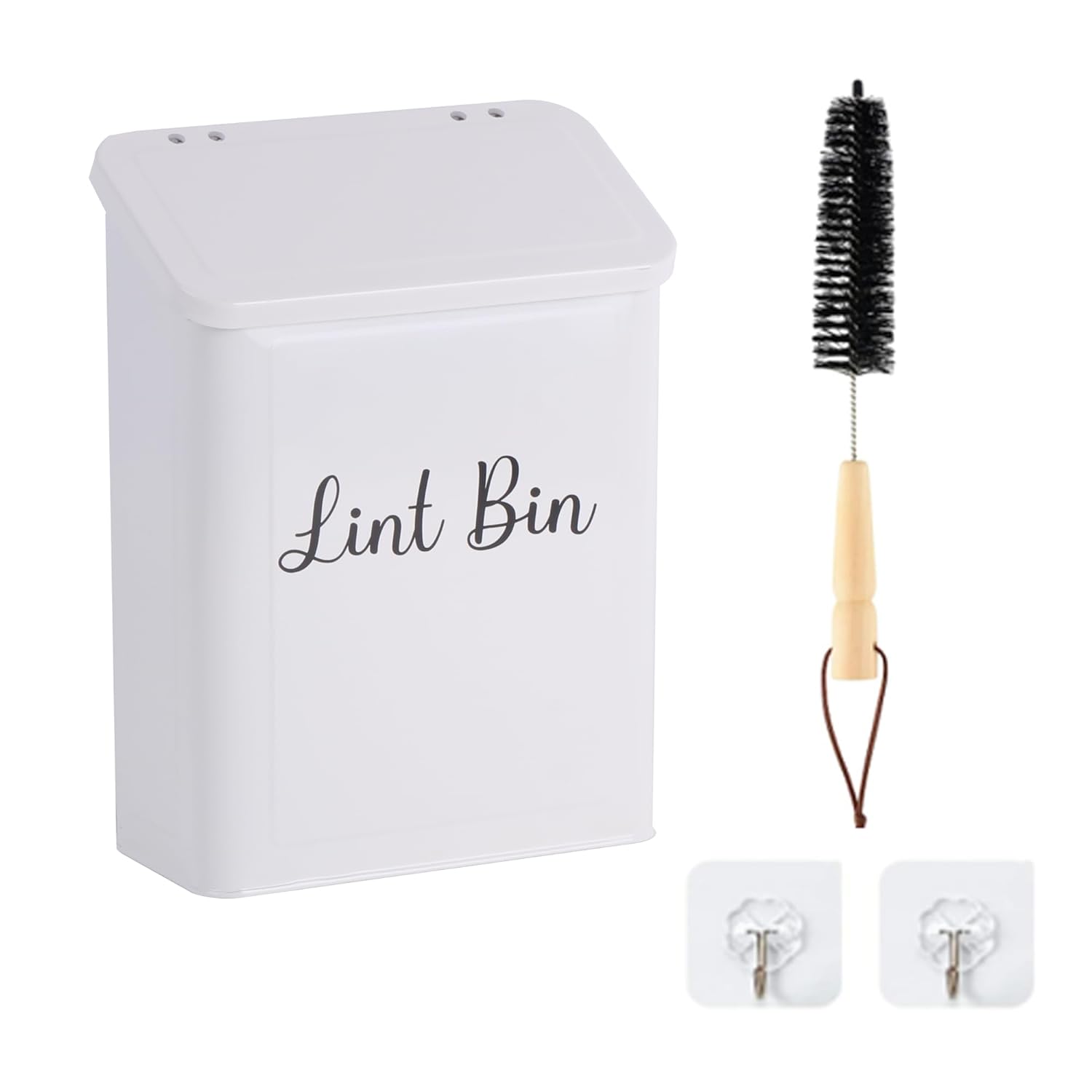 Perfnique Magnetic Lint Bin For Laundry Room - Wall Mounted With Lint Brush, Rustic Metal Storage, White Farmhouse Decor