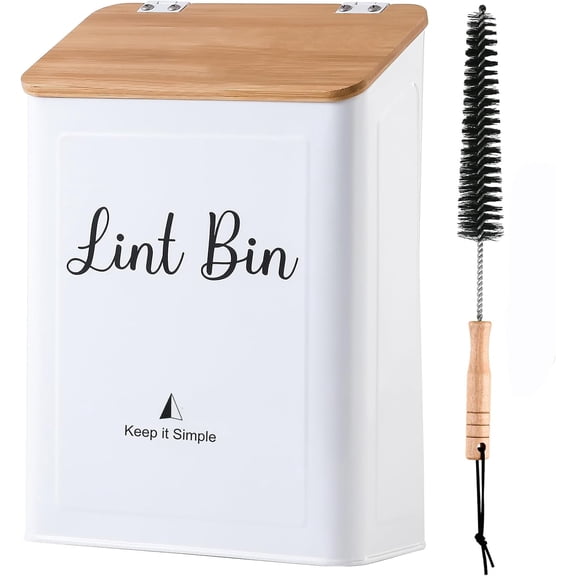 Magnetic Lint Bin for Laundry Room, Wall Mounted Metal Lint Box Holder with Lid for Dryer,Laundry Room Organization and Storage,Bamboo Lid Lint Basket,White