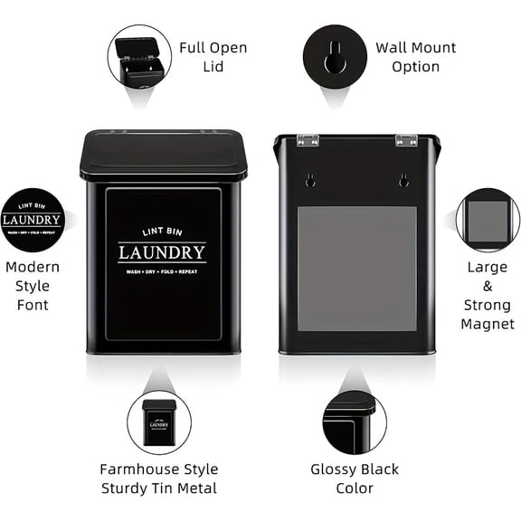[Magnetic Lint Bin] Metal Magnetic Lint Bin for Laundry Room | Wall Mounted Lint Box with Lid and Brush, Black/White, Durable Lint Container, Laundry Room Essentials, Modern Lint Bin