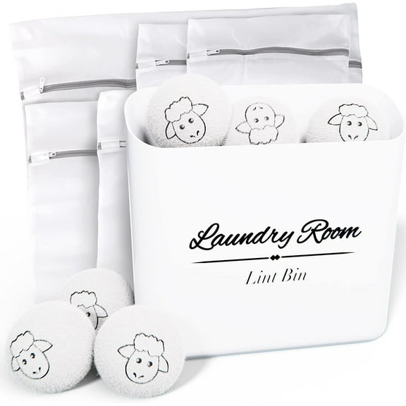 Magnetic Lint Bin for Laundry Room Bundle - Magnetic Lint Holder Bin, Mesh Laundry Garment Bags, and Wool Dryer Balls (Farmhouse White)
