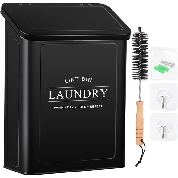 Magnetic Lint Bin for Laundry Room, Metal Lint Trash Can with Lid and Brush, Wall Mounted Lint Box for Dryer, Farmhouse Laundry Room Decor, Black