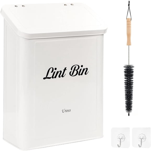 Magnetic Lint Bin with Lint Brush, Metal Wall Mounted Dryer Lint Box Holder Keeper Organization with Lid, Stylish Laundry Room Decor -White