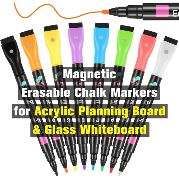 Magnetic Liquid Chalk Markers Wet Erase for Acrylic Calendar Planning Board LED Note Clear Glass Whiteboard Window/Mirror Christmas Holidays Paintings, 8 Vibrant Colors, 1mm Fine Tip