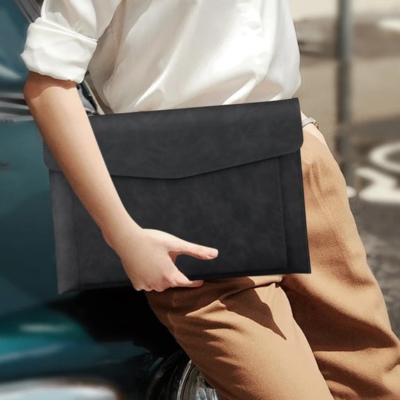 Magnetic Lock Leather File Bag A4 Paper Folder Data Business Easy Briefcase Bag Black 13 x 9.25 x 0.08 Inches 1 Count