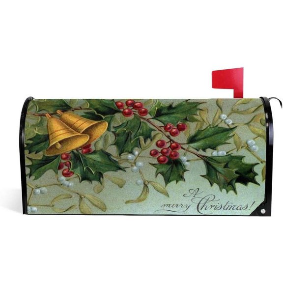 Magnetic Mailbox Cover Merry Christmas Bells and Holly Decorative MailWraps Mailbox Post Box Cover Standard Size