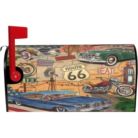 Magnetic Mailbox Cover Old Classic Car Theme American Vintage Route 66 Post Box Cover Wrap Decoration Garden Outdoor Standard Size 21 x 18 in