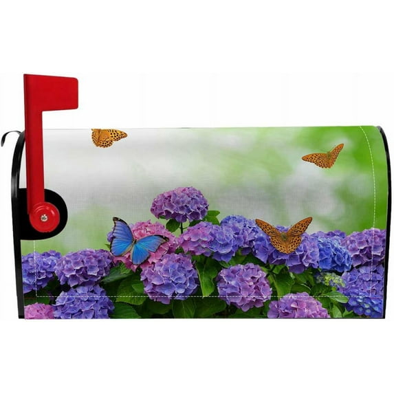 Magnetic Mailbox Covers Polyester Oxford Cloth Anti-UV and Reusable Letterbox Cover 21×18 Inch,Hydrangea with Butterflies Summer