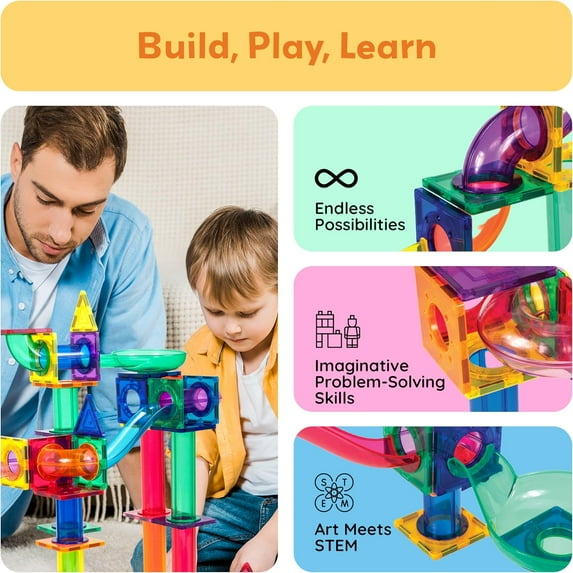 Magnetic Marble Run Set with Racing Track Tiles, Funnels & Steel Balls for Kids STEM Learning Toy