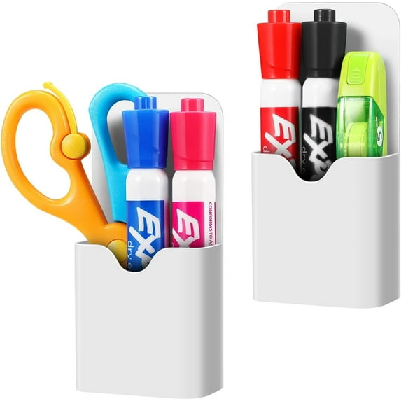 Magnetic Marker Holder Pen Holder for Whiteboard or Fridge Magnet Pencil Cup Storage Organizer for Classroom Office Home Locker and Metal Cabinets Media Organizer Storage 2Pack(White) by Casewin