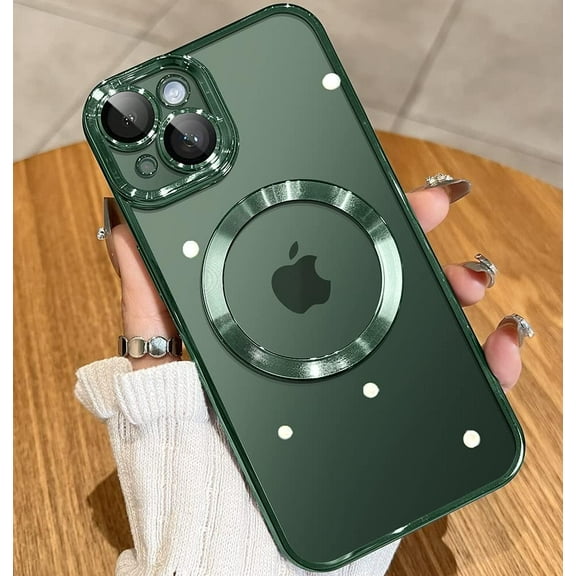 Magnetic Matallic Glossy Clear for iPhone 13 Case with Full Camera Cover Protection [No.1 Strong N52 Magnets] [Military Grade Drop Protection] for Women Girls Phone Case(6.1")-Green