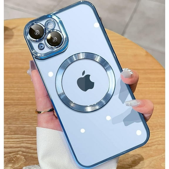 Magnetic Matallic Glossy Clear for iPhone 14 Plus Case with Full Camera Cover Protection [No.1 Strong N52 Magnets] [Military Grade Drop Protection] for Women Girls Phone Case (6.7")-Blue