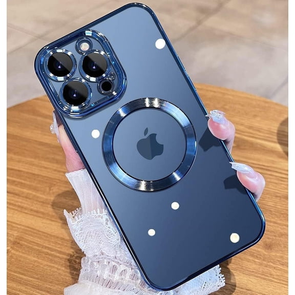 Magnetic Matallic Glossy Clear for iPhone 14 Pro Case with Full Camera Cover Protection [No.1 Strong N52 Magnets] [Military Grade Drop Protection] for Women Girls Phone Case (6.1")-Blue