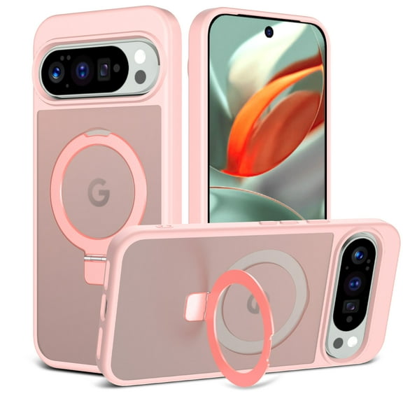 Magnetic Matte Phone Case with Ring Kickstand for Google Pixel 9 Pro XL (6.8"), Compatible with MagSafe and Magnetic Car Mount/Power Bank, Anti-Scratch, Protective Translucent Back Cover, Pink