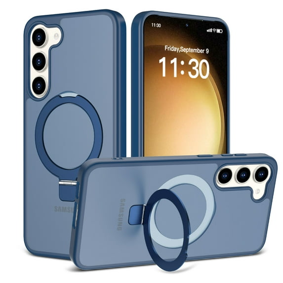 Magnetic Matte Phone Case with Ring Kickstand for Samsung Galaxy S23 Plus (6.6"), Compatible with MagSafe and Magnetic Car Mount/Power Bank, Anti-Scratch, Protective Translucent Back Cover, Blue