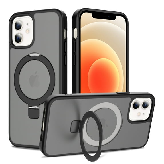 Magnetic Matte Phone Case with Ring Kickstand for iPhone 14 (6.1"), Compatible with MagSafe and Magnetic Car Mount/Power Bank, Anti-Scratch, Protective Translucent Back Cover, Black