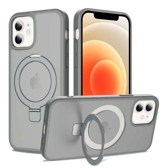Magnetic Matte Phone Case with Ring Kickstand for iPhone 16 (6.1"), Compatible with MagSafe and Magnetic Car Mount/Power Bank, Anti-Scratch, Protective Translucent Back Cover, Gray