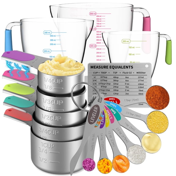 Magnetic Measuring Cups And Spoons Set 5 Stainless Steel 7 & 1 Leveler 3 Plastic Cup With 1 Conversion Chart